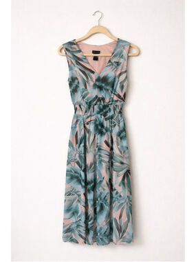 Kate & Lily Tropical Leaf Dress Size 6 Pink Teal Sleeveless V-Neck Vacation Reso